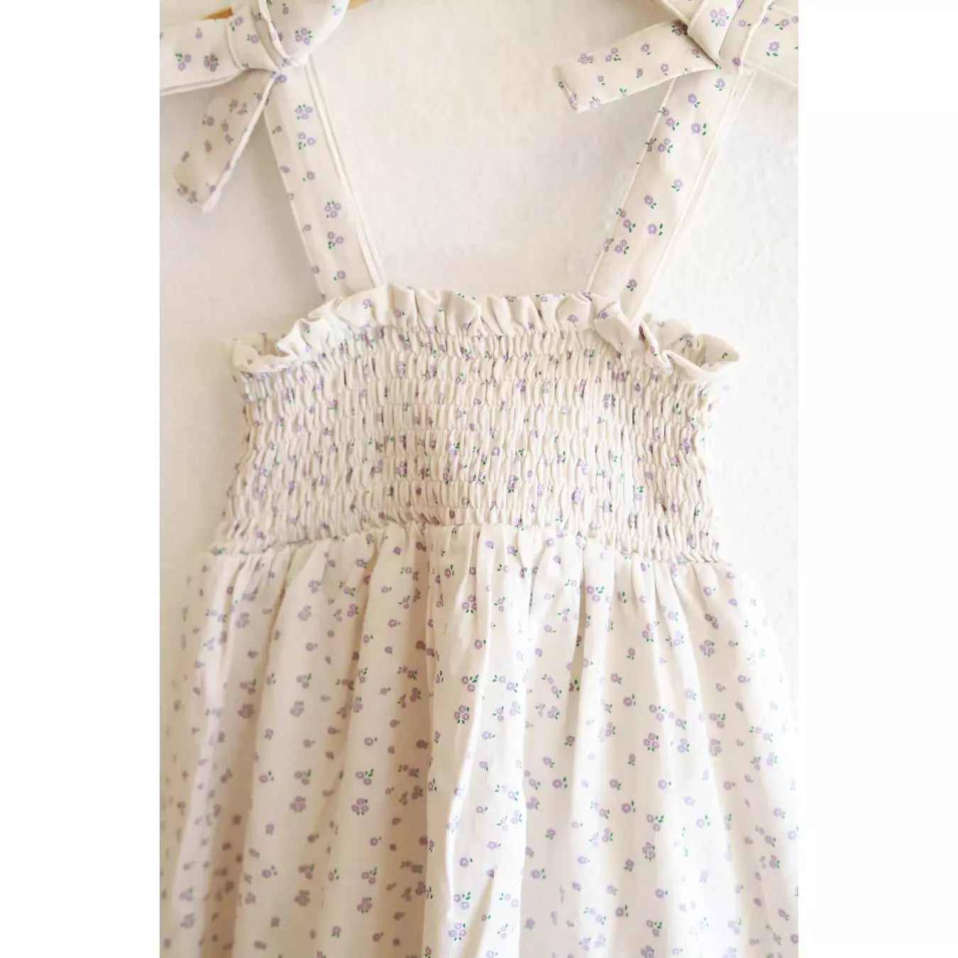 Floral Smocked Ivory Tie Shoulder Dress