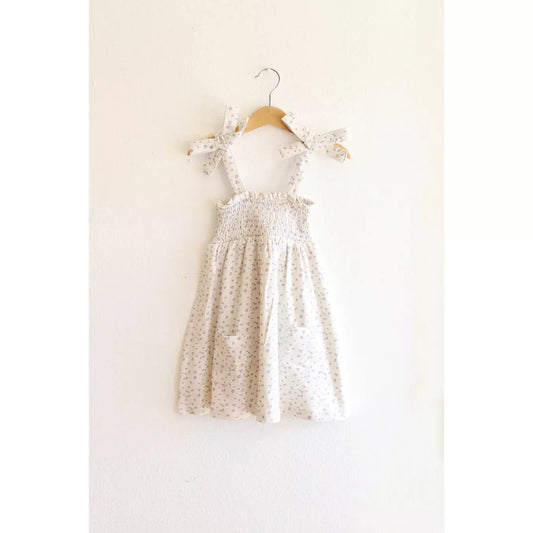 Floral Smocked Ivory Tie Shoulder Dress